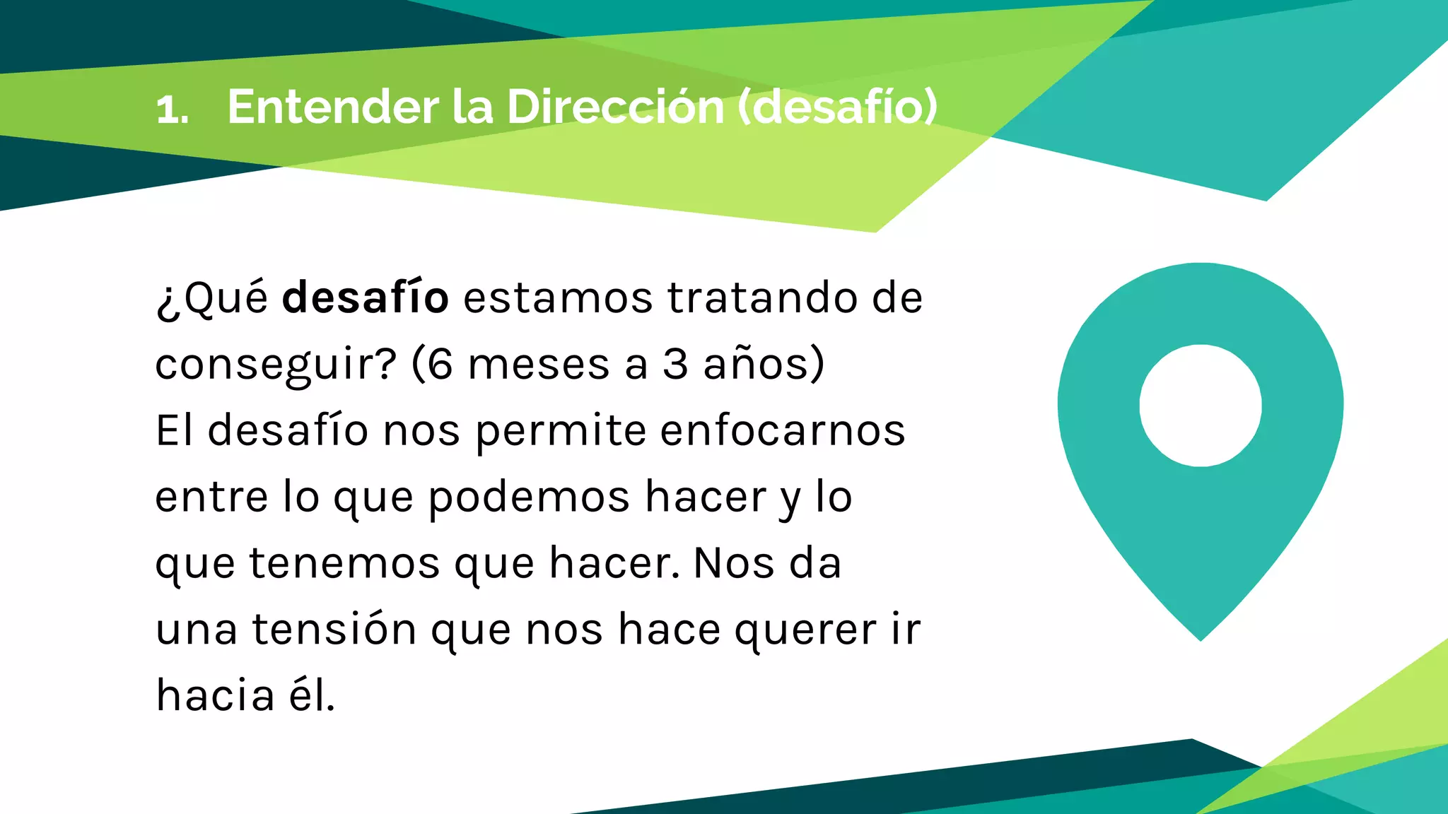 1. Entender la Dirección (desafío)
¿Qué desafío estamos tratando de
conseguir? (6 meses a 3 años)
El desafío nos permite enfocarnos
entre lo que podemos hacer y lo
que tenemos que hacer. Nos da
una tensión que nos hace querer ir
hacia él.
 