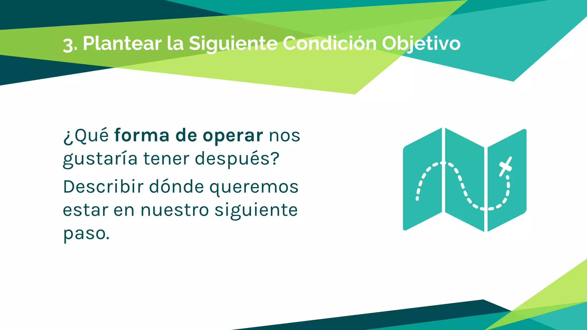3. Plantear la Siguiente Condición Objetivo
¿Qué forma de operar nos
gustaría tener después?
Describir dónde queremos
estar en nuestro siguiente
paso.
 