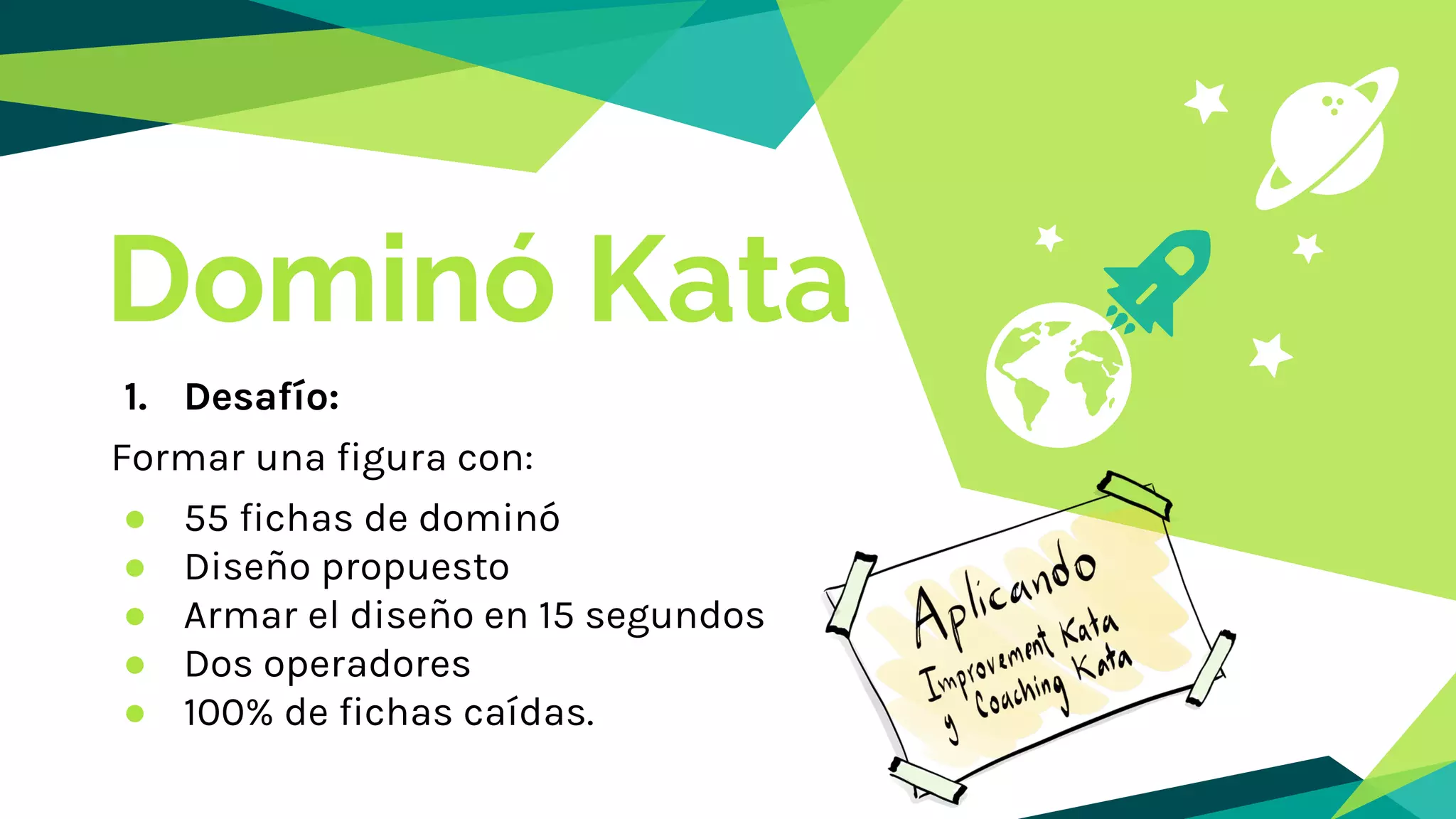 Dominó Kata
1. Desafío:
Formar una figura con:
● 55 fichas de dominó
● Diseño propuesto
● Armar el diseño en 15 segundos
● Dos operadores
● 100% de fichas caídas.
 