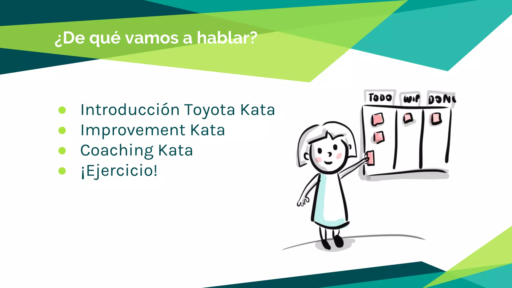 ¿De qué vamos a hablar?
● Introducción Toyota Kata
● Improvement Kata
● Coaching Kata
● ¡Ejercicio!
 