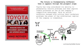 The future is fundamentally different
than it appears through the prospect scope.
Toyota has long considered its ability to
permanently resolve problems and then improve
stable processes as one of the company’s
competitive advantages. With an entire
workforce charged with solving their workplace
problems the power of the intellectual capital
of the company is tremendous.
summary by Golden Kumar
 