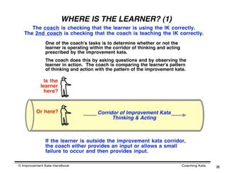 WHERE IS THE LEARNER? (1)
      The coach is checking that the learner is using the IK correctly.
   The 2nd coach is checking that the coach is teaching the IK correctly.
              One of the coach's tasks is to determine whether or not the
              learner is operating within the corridor of thinking and acting
              prescribed by the improvement kata.
              The coach does this by asking questions and by observing the
              learner in action. The coach is comparing the learner's pattern
              of thinking and action with the pattern of the improvement kata.

             Is the
           learner
             here?



         Or here?                     Corridor of Improvement Kata
                                            Thinking & Acting



              If the learner is outside the improvement kata corridor,
              the coach either provides an input or allows a small
              failure to occur and then provides input.

© Improvement Kata Handbook                                                     Coaching Kata   28
 