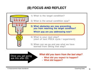 (B) FOCUS AND REFLECT

                              1) What is the target condition?

                              2) What is the actual condition now?

                              3) What obstacles are now preventing
                                 you from reaching the target condition?
                                Which one are you addressing now?

            A P               4) What is your next step?
            C D                  (start of next PDCA cycle / experiment)

                              5) When can we go and see what we have
                                 learned from taking that step?


                                      What did you learn from the last step?
    Once you get going
    ask this after Q3:                  - What did you expect to happen?
                                        - What did happen?


© Improvement Kata Handbook                                            Coaching Kata   35
 