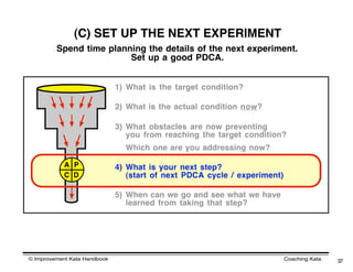 (C) SET UP THE NEXT EXPERIMENT
         Spend time planning the details of the next experiment.
                         Set up a good PDCA.


                              1) What is the target condition?

                              2) What is the actual condition now?

                              3) What obstacles are now preventing
                                 you from reaching the target condition?
                                Which one are you addressing now?

            A P               4) What is your next step?
            C D                  (start of next PDCA cycle / experiment)

                              5) When can we go and see what we have
                                 learned from taking that step?




© Improvement Kata Handbook                                                Coaching Kata   37
 