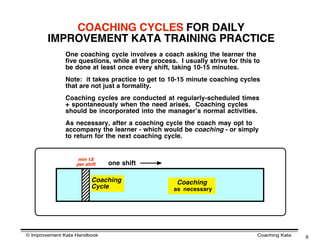 COACHING CYCLES FOR DAILY
        IMPROVEMENT KATA TRAINING PRACTICE
              One coaching cycle involves a coach asking the learner the
              five questions, while at the process. I usually strive for this to
              be done at least once every shift, taking 10-15 minutes.
              Note: it takes practice to get to 10-15 minute coaching cycles
              that are not just a formality.
              Coaching cycles are conducted at regularly-scheduled times
              + spontaneously when the need arises. Coaching cycles
              should be incorporated into the managerʼs normal activities.
              As necessary, after a coaching cycle the coach may opt to
              accompany the learner - which would be coaching - or simply
              to return for the next coaching cycle.


                   min 1X
                  per shift   one shift

                         Coaching                  Coaching
                         Cycle                    as necessary




© Improvement Kata Handbook                                                    Coaching Kata   9
 
