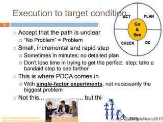 @sudiptal #AgileNoida2015
Execution to target condition
 Accept that the path is unclear
 “No Problem” = Problem
 Small, incremental and rapid step
 Sometimes in minutes; no detailed plan
 Don’t lose time in trying to get the perfect step; take a
bandaid step to see farther
 This is where PDCA comes in
 With single-factor experiments, not necessarily the
biggest problem
 Not this... ... but this...
http://zarboleanhealthcare.blogspot.in/
http://www.dreamstime.com/stock-images-building-teamwork-image23767024 05-12-2015
21
 