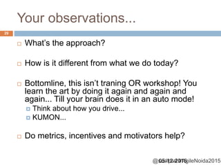 @sudiptal #AgileNoida2015
Your observations...
05-12-2015
29
 What’s the approach?
 How is it different from what we do today?
 Bottomline, this isn’t traning OR workshop! You
learn the art by doing it again and again and
again... Till your brain does it in an auto mode!
 Think about how you drive...
 KUMON...
 Do metrics, incentives and motivators help?
 