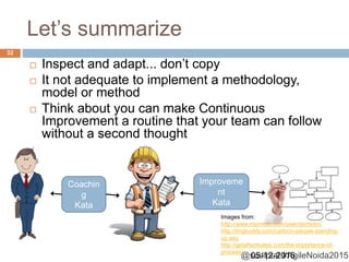 @sudiptal #AgileNoida2015
Let’s summarize
05-12-2015
32
 Inspect and adapt... don’t copy
 It not adequate to implement a methodology,
model or method
 Think about you can make Continuous
Improvement a routine that your team can follow
without a second thought
Coachin
g
Kata
Improveme
nt
Kata
Images from:
http://www.memrise.com/user/dominici/
http://imgbuddy.com/cartoon-people-standing-
up.asp
http://getafteritsales.com/the-importance-of-
process/
 