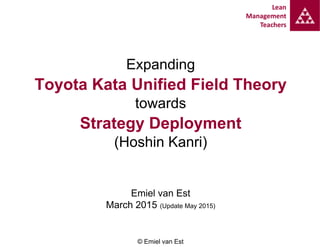 Lean
Management
Teachers
Expanding
Toyota Kata Unified Field Theory
towards
Strategy Deployment
(Hoshin Kanri)
Emiel van Est
March 2015 (Update May 2015)
© Emiel van Est
 