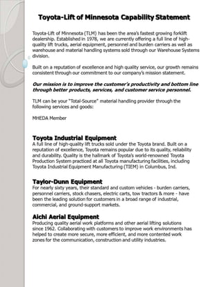 Toyota Lift of Minnesota: Capability Statement