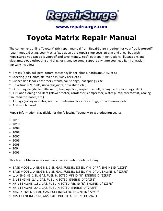 Toyota Matrix Repair Manual 2003 2011