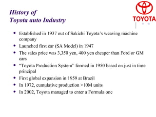 History of  Toyota auto Industry Established in 1937 out of Sakichi Toyota’s weaving machine company Launched first car (SA Model) in 1947 The sales price was 3,350 yen, 400 yen cheaper than Ford or GM cars  “ Toyota Production System” formed in 1950 based on just in time principal First global expansion in 1959 at Brazil In 1972, cumulative production >10M units In 2002, Toyota managed to enter a Formula one 