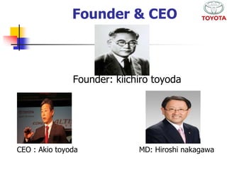 Founder & CEO 
Founder: kiichiro toyoda 
CEO : Akio toyoda MD: Hiroshi nakagawa 
 