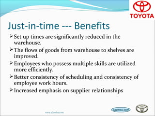 Just-in-time --- Benefits
Set up times are significantly reduced in the
warehouse.
The flows of goods from warehouse to shelves are
improved.
Employees who possess multiple skills are utilized
more efficiently.
Better consistency of scheduling and consistency of
employee work hours.
Increased emphasis on supplier relationships
www.a2zmba.com
 