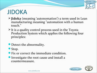 JIDOKA
Jidoka (meaning ‘autonomation’)-a term used in Lean
manufacturing meaning "automation with a human
touch."
It is a quality control process used in the Toyota
Production System which applies the following four
principles:
Detect the abnormality.
Stop.
Fix or correct the immediate condition.
Investigate the root cause and install a
countermeasure.
www.a2zmba.com
 