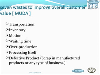 seven wastes to improve overall customer
value [ MUDA ]
Transportation
Inventory
Motion
Waiting time
Over-production
Processing Itself
Defective Product (Scrap in manufactured
products or any type of business.)
www.a2zmba.com
 