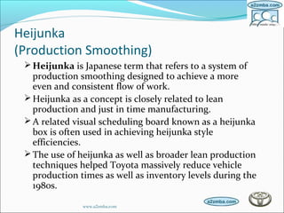 Heijunka
(Production Smoothing)
Heijunka is Japanese term that refers to a system of
production smoothing designed to achieve a more
even and consistent flow of work.
Heijunka as a concept is closely related to lean
production and just in time manufacturing.
A related visual scheduling board known as a heijunka
box is often used in achieving heijunka style
efficiencies.
The use of heijunka as well as broader lean production
techniques helped Toyota massively reduce vehicle
production times as well as inventory levels during the
1980s.
www.a2zmba.com
 
