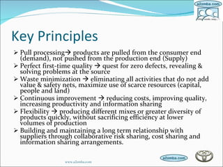 Key Principles Pull processing   products are pulled from the consumer end (demand), not pushed from the production end (Supply)  Perfect first-time quality    quest for zero defects, revealing & solving problems at the source  Waste minimization    eliminating all activities that do not add value & safety nets, maximize use of scarce resources (capital, people and land)  Continuous improvement    reducing costs, improving quality, increasing productivity and information sharing  Flexibility    producing different mixes or greater diversity of products quickly, without sacrificing efficiency at lower volumes of production  Building and maintaining a long term relationship with suppliers through collaborative risk sharing, cost sharing and information sharing arrangements.  www.a2zmba.com 