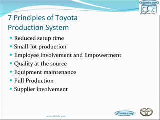 7 Principles of Toyota  Production System Reduced setup time Small-lot production Employee Involvement and Empowerment Quality at the source Equipment maintenance Pull Production Supplier involvement www.a2zmba.com 