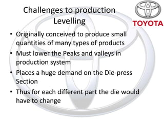 Challenges to production
            Levelling
• Originally conceived to produce small
  quantities of many types of products
• Must lower the Peaks and valleys in
  production system
• Places a huge demand on the Die-press
  Section
• Thus for each different part the die would
  have to change
 