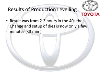 Results of Production Levelling
• Result was from 2-3 hours in the 40s the
  Change and setup of dies is now only a few
  minutes (<3 min )
 