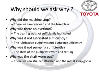 Why should we ask why ?
• Why did the machine stop?
   – There was an overload and the fuse blew
• Why was there an overload?
   – The bearing was not sufficiently lubricated
• Why was it not lubricated sufficiently?
   – The lubrication pump was not pumping sufficiently
• Why was it not pumping sufficiently?
   – The shaft of the pump was worn and rattling
• Why was the shaft worn out?
   – There was no strainer attached and the metal scrap got in
 