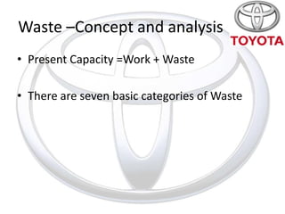 Waste –Concept and analysis
• Present Capacity =Work + Waste

• There are seven basic categories of Waste
 