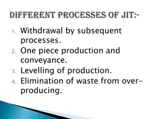 1.
2.

3.
4.

Withdrawal by subsequent
processes.
One piece production and
conveyance.
Levelling of production.
Elimination of waste from overproducing.

 