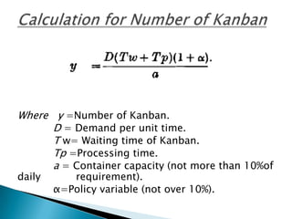 Where y =Number of Kanban.
D = Demand per unit time.
T w= Waiting time of Kanban.
Tp =Processing time.
a = Container capacity (not more than 10%of
daily

requirement).
α=Policy variable (not over 10%).

 