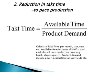 2. Reduction in takt time
-to pace production

Calculate Takt Time per month, day, year
etc. Available time includes all shifts, and
excludes all non-productive time (e.g.
lunch, clean-up etc.). Product demand
includes over-production for low yields etc.

 