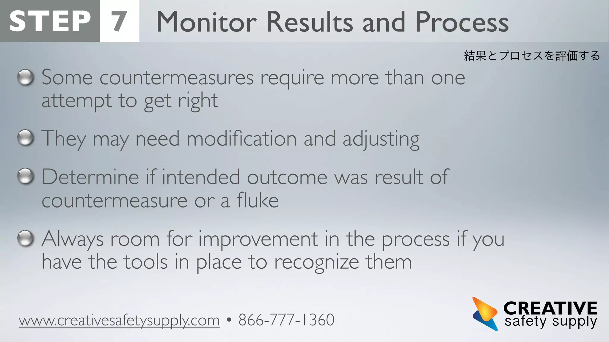 STEP 7 Monitor Results and Process
結果とプロセスを評価する

Some countermeasures require more than one
attempt to get right
They may need modiﬁcation and adjusting
Determine if intended outcome was result of
countermeasure or a ﬂuke
Always room for improvement in the process if you
have the tools in place to recognize them
www.creativesafetysupply.com • 866-777-1360

 