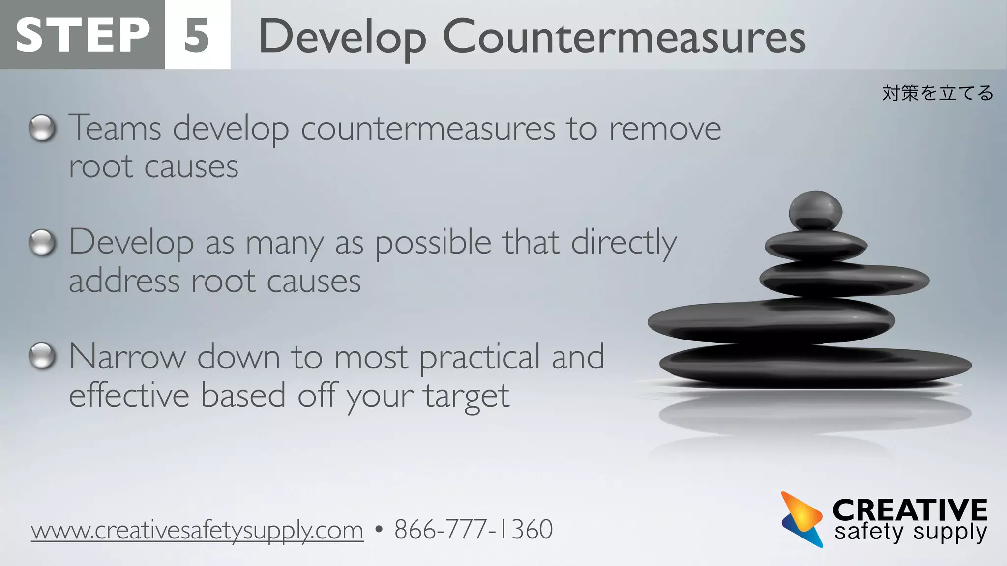 STEP 5 Develop Countermeasures
対策を立てる

Teams develop countermeasures to remove
root causes
Develop as many as possible that directly
address root causes
Narrow down to most practical and
effective based off your target

www.creativesafetysupply.com • 866-777-1360

 