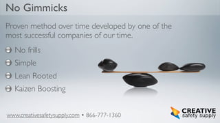 No Gimmicks
Proven method over time developed by one of the
most successful companies of our time.
No frills
Simple
Lean Rooted
Kaizen Boosting
www.creativesafetysupply.com • 866-777-1360

 