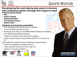 Sports Brands
Broadcasting the most play-by-play sports in America
with continuous sports coverage from August to April
Pr...