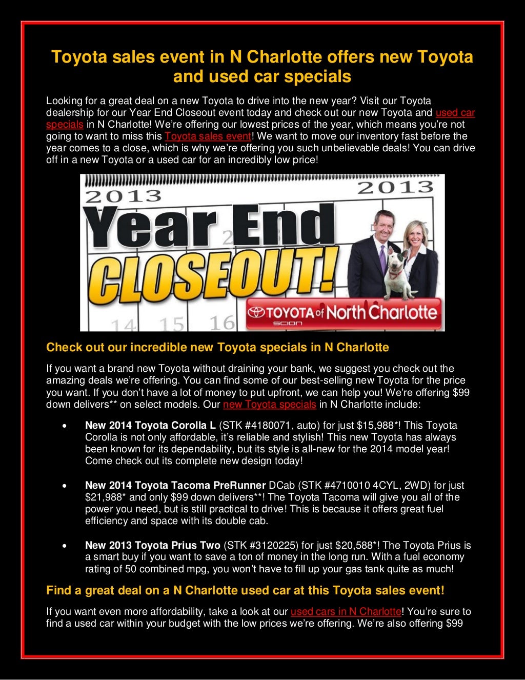 Toyota sales event in N Charlotte offers new Toyota and used car spec…