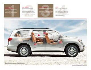 Photo not intended to replicate actual inflated airbags.
2 41 3
KNEE AIRBAGS
Sequoia’s comprehensive
Supplemental Restraint System
(SRS) provides a total of eight
airbags, including standard driver
and front passenger knee airbags.
3-POINT SEATBELTS
All seats offer 3-point seatbelts.The
front seats have pretensioners and
force limiters,while second-row seats
have an adjustable shoulder anchor
and pretensioner on outboard seats.
LATCH
LATCH (Lower Anchors and
Tethers for CHildren) includes
lower anchors on all second-row
seats and tether anchors on all
second-row seats and the center
seat in the third row.
ALL-ROW SIDE
CURTAIN AIRBAGS1
Helping to protect all three of
Sequoia’s passenger rows from
front to back are standard all-
row side curtain airbags.
1
2
3
4
1. See footnote 29 in Disclosures section.
 