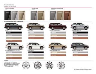 SAND BEIGE
GRAPHITE
RED ROCK2
SAND BEIGE
GRAPHITE
RED ROCK2
GRAPHITE
BLACK1
RED ROCK2
GRAPHITE
BLACK1
SAND BEIGE
RED ROCK2
BLACK1
Combinations
INTERIOR COLOR CHOICES
See numbered footnotes in Disclosures section.
EXTERIOR/INTERIOR COLOR COMBINATIONS
WHEELS
EASY-CLEAN FABRIC
SR5
LEATHER TRIM
LIMITED
PERFORATED LEATHER TRIM
PLATINUM
BLACK GRAPHITE GRAPHITE GRAPHITESAND BEIGE SAND BEIGE SAND BEIGE RED ROCK
BLACK PYRITE MICA SIZZLING CRIMSON MICA SILVER SKY METALLIC
1 2 3 4
1  SR5 standard 18-in. alloy wheel
2  SR5 available 20-in. Sport alloy wheel
3  Limited standard 20-in. alloy wheel
4 Platinum standard 20-in. diamond-
cut-finish alloy wheel
BLIZZARD PEARL2
(extra-cost color) SUPER WHITE3 SANDY BEACH METALLIC MAGNETIC GRAY METALLIC
GRAPHITE
SAND BEIGE
SAND BEIGE
SAND BEIGE
RED ROCK2
RED ROCK2GRAPHITE
GRAPHITE
RED ROCK2
 