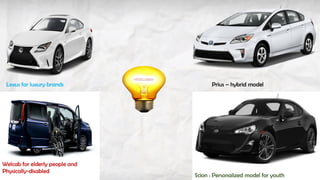 Lexus for luxury brands Prius – hybrid model
Welcab for elderly people and
Physically-disabled
Scion : Personalized model for youth
 