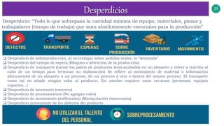 23
Desperdicio: “Todo lo que sobrepasa la cantidad mínima de equipo, materiales, piezas y
trabajadores (tiempo de trabajo) que sean absolutamente esenciales para la producción”
 Desperdicio de sobreproducción, al no trabajar sobre pedidos reales, la “demanda”
 Desperdicio del tiempo de espera (Bloqueo o detención de la producción)
 Desperdicio de transporte (Llevar los palets de productos semi-acabados en un almacén y volver a traerlos al
cabo de un tiempo para terminar su elaboración) Se refiere al movimiento de material o información
(documento) de un almacén a un proceso, de un proceso a otro o dentro del mismo proceso. El transporte
como tal no añade ningún valor al producto. En cambio requiere unos recursos (personas, equipos
espacios…)
 Desperdicio de inventario (excesivo)
 Desperdicio de procesamiento (No agregan valor)
 Desperdicio de movimiento (ineficientes) (Manipulación innecesaria)
 Desperdicio proveniente de los defectos del producto
 