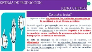 26
Expresa la idea de producir las unidades necesarias en
la cantidad y en el tiempo precisos,
Lo cual significa por ejemplo que, en el proceso de montaje
de piezas para la fabricación de un automóvil, los tipos
necesarios de elementos a ensamblar llegarán a la cadena
de montaje, como resultado de procesos anteriores, en el
tiempo y en la cantidad adecuados.
Si esto se consigue en el conjunto de la empresa, se
eliminarán totalmente las existencias innecesarias, no
requiriéndose almacenes excesivos, reduciéndose además
los costos de transporte y mejorando el ratio de rotación
del capital.
 