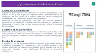 31
v
Ajuste de la Producción
Suponemos que un proceso de fabricación de motores debe producir 100
motores al día y que el proceso siguiente retira, mediante Kanban de
transporte, 20 lotes diarios de 5 motores cada uno, lo que corresponde
exactamente a los 100 motores producidos diariamente.
Siguiendo un plan de producción como éste, si resultara necesario
disminuir un 10% todos los procesos mediante un ajuste del programa de
fabricación, el proceso final, en este ejemplo, retirará pedidos de motores
18 veces al día.
Nivelado de la producción
El nivelado de la producción, minimiza las variaciones en la cantidad de
cada elemento en cada uno de los subconjuntos ensamblados, de modo
que cada pieza pueda montarse a ritmo constante o en cantidades fijas por
hora.
Diseño de procesos
la disposición de las máquinas deberá modificarse, adaptándose al flujo
nivelado de producción. En consecuencia, cada trabajador manejaría tres
tipos de máquinas, por ejemplo, un trabajador podría manejar a la vez un
torno, una fresadora y una taladradora. El sistema se denomina
multripoceso.
 
