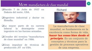 40
Richard
Schonberger
Nacido 7 de Julio de 1937 en
Dakota del norte, USA.
Ingeniero industrial y doctor en
filosofía.
La mayor parte de su carrera
laboral la desempeño como
ingeniero en las fuerzas armadas.
Creador del termino “manufactura
de clase mundial” en 1986.
Gran impulsor de técnicas de
producción JIT en USA.
La manufactura de clase
mundial; se fundamenta en la
excelencia como forma de vida,
hacer las cosas bien desde el
principio. Es un conjunto de
conceptos y técnicas para la
gestión de procesos operativos
de una empresa.
 
