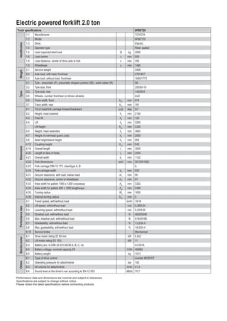 Electric powered forklift 2.0 ton
Truck specifications 8FBET20
Identification
1.1 Manufacturer TOYOTA
1.2 Model 8FBET20
1.3 Drive Electric
1.4 Operator type Rider seated
1.5 Load capacity/rated load Q kg 2000
1.6 Load centre c mm 500
1.8 Load distance, centre of drive axle to fork x mm 355
1.9 Wheelbase y mm 1480
Weight
2.1 Service weight 3408
2.2 Axle load, with load, front/rear 4791/617
2.3 Axle load, without load, front/rear 1635/1773
Tyres
3.1 Tyre - pneumatic (P), pneumatic shaped cushion (SE), solid rubber (R) SE
3.2 Tyre size, front 200/50-10
3.3 Tyre size, rear 140/55-9
3.5 Wheels, number front/rear (x=driven wheels) 2x/2
3.6 Track width, front b10
mm 914
3.7 Track width, rear b11
mm 181
Dimensions
4.1 Tilt of mast/fork carriage forward/backward a/b deg 5/7
4.2 Height, mast lowered h1
mm 2150
4.3 Free lift h2
mm 120
4.4 Lift h3
mm 3265
Lift height h23
mm 3300
4.5 Height, mast extended h4
mm 3845
4.7 Height of overhead guard (cab) h6
mm 2055
4.8 Seat height/stand height h7
mm 952
4.12 Coupling height h10
mm 543
4.19 Overall length l1
mm 3005
4.20 Length to face of forks l2
mm 2005
4.21 Overall width b1
mm 1122
4.22 Fork dimensions s/e/l mm 35/120/1000
4.23 Fork carriage DIN 15 173, class/type A, B A
4.24 Fork-carriage width b3
mm 920
4.31 Ground clearance, with load, below mast m1
mm 90
4.32 Ground clearance, centre of wheelbase m2
mm 97
4.33 Aisle width for pallets 1000 x 1200 crossways Ast
mm 3332
4.34 Aisle width for pallets 800 x 1200 lengthways Ast
mm 3456
4.35 Turning radius Wa
mm 1650
4.36 Internal turning radius b13
mm 0
Performance
data
5.1 Travel speed, with/without load km/h 16/16
5.2 Lift speed, with/without load m/s 0,38/0,54
5.3 Lowering speed, with/without load m/s 0,52/0,50
5.5 Drawbar pull, with/without load N 4839/5046
5.6 Max. drawbar pull, with/without load N 9145/9188
5.7 Gradeability, with/without load % 13,2/24,4
5.8 Max. gradeability, with/without load % 18,0/24,4
5.10 Service brake Mechanical
Electric
motor
6.1 Drive motor rating S2 60 min kW 6,6x2
6.2 Lift motor rating S3 15% kW 11
6.3 Battery acc. to DIN 43 531/35/36 A, B, C, no 43 531A
6.4 Battery voltage, nominal capacity K5 V/Ah 48/660
6.5 Battery weight kg 1013
Others
8.1 Type of drive control inverter MOSFET
8.2 Operating pressure for attachments bar 183
8.3 Oil volume for attachments l/min 41,3
8.4 Sound level at the driver’s ear according to EN 12 053 dB(A) 70,7
Performance data and dimensions are nominal and subject to tolerances.
Specifications are subject to change without notice.
Please obtain the latest specifications before contracting products.
 
