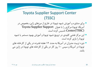 Toyota Supplier Support Center
(TSSC)
‫در‬ ‫ﺑﺨﺼﻮص‬ ،‫ژاﭘﻦ‬ ‫ﻣﺮزﻫﺎي‬ ‫از‬ ‫ﺧﺎرج‬ ‫در‬ ‫ﺗﻮﻳﻮﺗﺎ‬ ‫ﺷﻴﻮه‬ ‫آﻣﻮزش‬ ‫و‬ ‫ﻣﺸﺎوره‬ ‫ﺑﺮاي‬
‫ﻋﻨﻮان‬ ‫ﺑﺎ‬ ‫را‬ ‫ﻣﺮﻛﺰي‬ ‫ﺗﻮﻳﻮﺗﺎ‬ ،‫آﻣﺮﻳﻜﺎ‬Toyota Supplier Support
Center(TSSC)‫اﺳﺖ‬ ‫ﻛﺮده‬ ‫ﺗﺎﺳﻴﺲ‬.
‫ﺷﻴﻮه‬ ‫ﺑﺎ‬ ‫ﻣﺴﺘﻤﺮ‬ ‫ﺑﻬﺒﻮد‬ ‫آﻣﻮزش‬ ‫و‬ ‫ﺗﻮﻳﻮﺗﺎ‬ ‫ﺷﻴﻮه‬ ‫ﺗﺮوﻳﺞ‬ ‫در‬ ‫ﻛﻠﻴﺪي‬ ‫ﻧﻘﺸﻲ‬ ‫ﻣﺮﻛﺰ‬ ‫اﻳﻦ‬‫ﺷﻴﻮه‬ ‫ﺑﺎ‬ ‫ﻣﺴﺘﻤﺮ‬ ‫ﺑﻬﺒﻮد‬ ‫آﻣﻮزش‬ ‫و‬ ‫ﺗﻮﻳﻮﺗﺎ‬ ‫ﺷﻴﻮه‬ ‫ﺗﺮوﻳﺞ‬ ‫در‬ ‫ﻛﻠﻴﺪي‬ ‫ﻧﻘﺸﻲ‬ ‫ﻣﺮﻛﺰ‬ ‫اﻳﻦ‬
‫اﺳﺖ‬ ‫ﻛﺮده‬ ‫ﺑﺎزي‬ ‫را‬ ‫ﺗﻮﻳﻮﺗﺎ‬.
‫ﻣﺪت‬ ‫ﺑﻪ‬ ‫آﻣﺮﻳﻜﺎ‬ ‫در‬ ‫ﻣﺪﻳﺮان‬ ‫ﺗﺮﺑﻴﺖ‬ ‫دوره‬12‫ﻫﺎي‬ ‫ﻛﺎرﺧﺎﻧﻪ‬ ‫از‬ ‫ﻳﻜﻲ‬ ‫در‬ ‫ﻓﺸﺮده‬ ‫ﻫﻔﺘﻪ‬
‫ﺳﭙﺲ‬ ‫و‬ ‫آﻣﺮﻳﻜﺎ‬ ‫در‬ ‫ﺗﻮﻳﻮﺗﺎ‬10‫ﻣﻲ‬ ‫ژاﭘﻦ‬ ‫در‬ ‫ﺗﻮﻳﻮﺗﺎ‬ ‫ﻫﺎي‬ ‫ﻛﺎرﺧﺎﻧﻪ‬ ‫از‬ ‫ﻳﻜﻲ‬ ‫در‬ ‫ﻛﺎر‬ ‫روز‬
‫ﺑﺎﺷﺪ‬.
‫ماه‬ ‫مھر‬٩٢ 20‫تويوتا‬ ‫آموزشی‬ ‫سيستم‬:‫اول‬ ‫ويرايش‬ ‫رھبری‬ ‫يادگيری‬
 