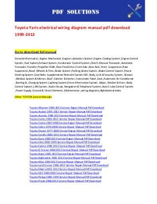 Toyota Yaris electrical wiring diagram manual pdf download
1999-2013


Go to download full manual
General Information ,Engine Mechanical ,Engine Lubrication System ,Engine Cooling System ,Engine Control
System ,Fuel System,Exhaust System ,Accelerator Control System ,Clutch ,Manual Transaxle ,Automatic
Transaxle ,Transfer ,Propeller Shaft ,Rear Final Drive ,Front Axle ,Rear Axle ,Front ,Suspension ,Rear
Suspension ,Road ,Wheels & Tires ,Brake System ,Parking ,Brake System ,Brake Control System ,Power
Steering System ,Seat Belts ,Supplemental Restraint System SRS ,Body, Lock & Security System ,Glasses
,Window System & Mirrors ,Roof ,Exterior & Interior ,Instrument Panel ,Seat ,Automatic Air Conditioner
,Starting & ,Charging System ,Lighting System,Driver Information System ,Wiper, Washer & Horn ,Body
Control System ,LAN System ,Audio Visual, Navigation & Telephone System ,Auto Cruise Control System
,Power Supply, Ground & Circuit Elements ,Maintenance ,wiring diagrams,Alphabetical Index

Other TOYOTA Service Manuals


            Toyota 4Runner 1984-2013 Service Repair Manual Pdf Download
            Toyota Avalon 1995-2013 Service Repair Manual Pdf Download
            Toyota Avensis 1998-2013 Service Repair Manual Pdf Download
            Toyota Camry 1983-2013 Service Repair Manual Pdf Download
            Toyota Carina 1987-1998 Service Repair Manual Pdf Download
            Toyota Celica 1970-2006 Service Repair Manual Pdf Download
            Toyota Chaser 1977-2000 Service Repair Manual Pdf Download
            Toyota Corolla 1980-2013 Service Repair Manual Pdf Download
            Toyota Dyna 1980-2013 Service Repair Manual Pdf Download
            Toyota Echo 2000-2005 Service Repair Manual Pdf Download
            Toyota Estima 1990-2013 Service Repair Manual Pdf Download
            Toyota Fj Cruiser 2006-2013 Service Repair Manual Pdf Download
            Toyota Hiace 1985-2013 Service Repair Manual Pdf Download
            Toyota Highlander 2001-2013 Service Repair Manual Pdf Download
            Toyota Hilux 1984-2013 Service Repair Manual Pdf Download
            Toyota Land Cruiser 1986-2013 Service Repair Manual Pdf Download
            Toyota Matrix 2003-2013 Service Repair Manual Pdf Download
            Toyota Mr2 1984-2005 Service Repair Manual Pdf Download
            Toyota Pickup 1980-1995 Service Repair Manual Pdf Download
            Toyota Prado 1988-2013 Service Repair Manual Pdf Download
 