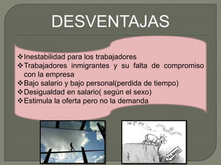 Inestabilidad para los trabajadores
Trabajadores inmigrantes y su falta de compromiso
con la empresa
Bajo salario y bajo personal(perdida de tiempo)
Desigualdad en salario( según el sexo)
Estimula la oferta pero no la demanda
DESVENTAJAS
 