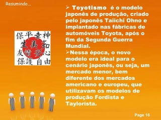 Resumindo... Toyotismo   é o modelo japonês de produção, criado pelo japonês Taiichi Ohno e implantado nas fábricas de automóveis Toyota, após o fim da Segunda Guerra Mundial.  Nessa época, o novo modelo era ideal para o cenário japonês, ou seja, um mercado menor, bem diferente dos mercados americano e europeu, que utilizavam os modelos de produção Fordista e Taylorista.  