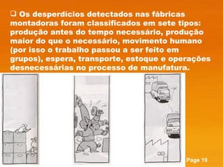 Os desperdícios detectados nas fábricas montadoras foram classificados em sete tipos: produção antes do tempo necessário, produção maior do que o necessário, movimento humano (por isso o trabalho passou a ser feito em grupos), espera, transporte, estoque e operações desnecessárias no processo de manufatura. 