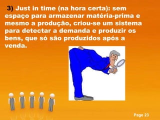 3)  Just in time (na hora certa): sem espaço para armazenar matéria-prima e mesmo a produção, criou-se um sistema para detectar a demanda e produzir os bens, que só são produzidos após a venda. 