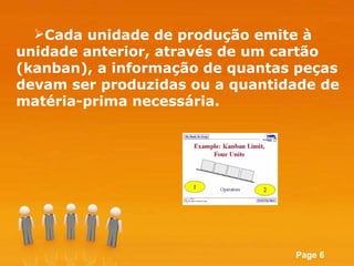 Cada unidade de produção emite à unidade anterior, através de um cartão (kanban), a informação de quantas peças devam ser produzidas ou a quantidade de matéria-prima necessária.  
